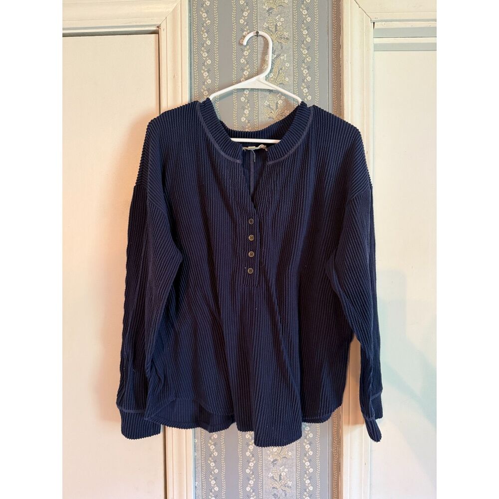 Large J.O.A Navy Blue Waffle-Knit Henley